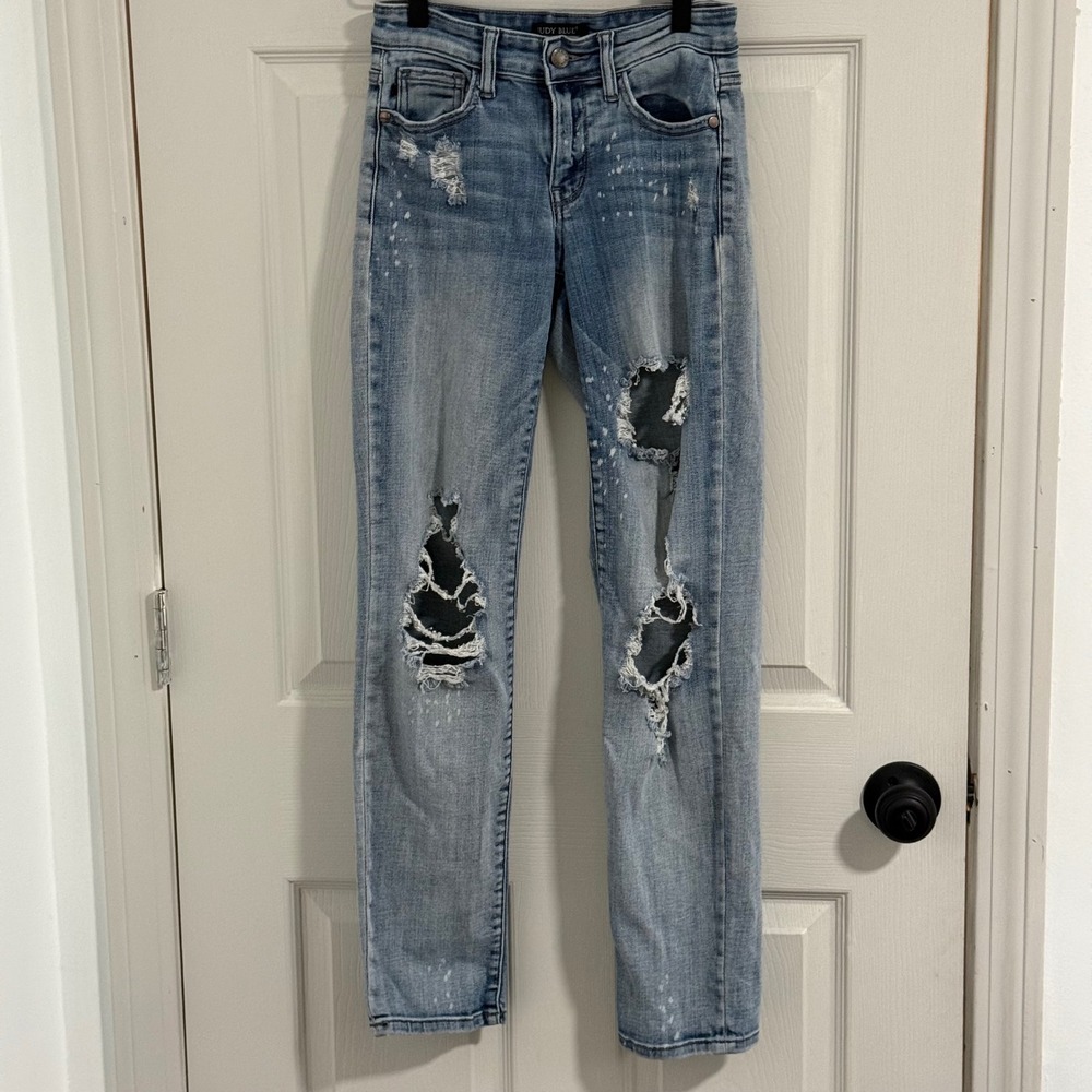 Judy Blue Boyfriend Jeans Womens 0 Light Wash Distressed Bleach Splatter